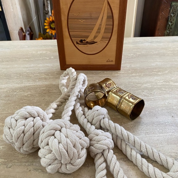 Nautical MCM Vintage Sailing Boat Art. Signed. 
Rope Knot Decor with Brass rings - Picture 1 of 6